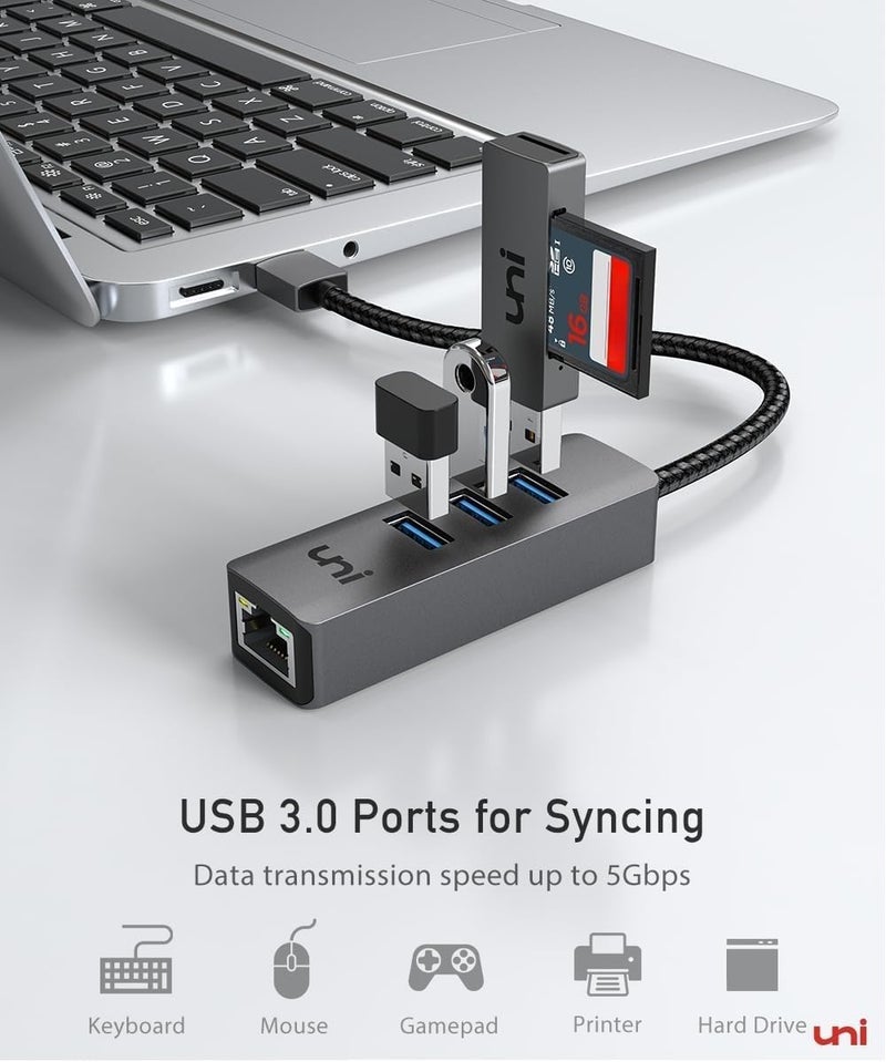 Uni محول USB إلى Ethernet، مركز USB 3.0 مع 100/1000 ميجابت في الثانية RJ45 بدون برنامج تشغيل، محول شبكة USB-A إلى LAN متين 4 في 1 متوافق مع iMac، PC، Chromebook، وأجهزة الكمبيوتر المحمولة الأخرى - Image 3
